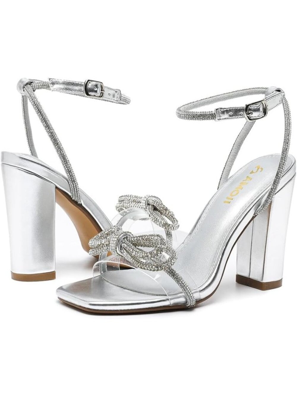 Women's Pu Silver 4 Inch Rhinestone Bowknot Block Heels Open Toe Heeled Sandals - Picture 4 of 7